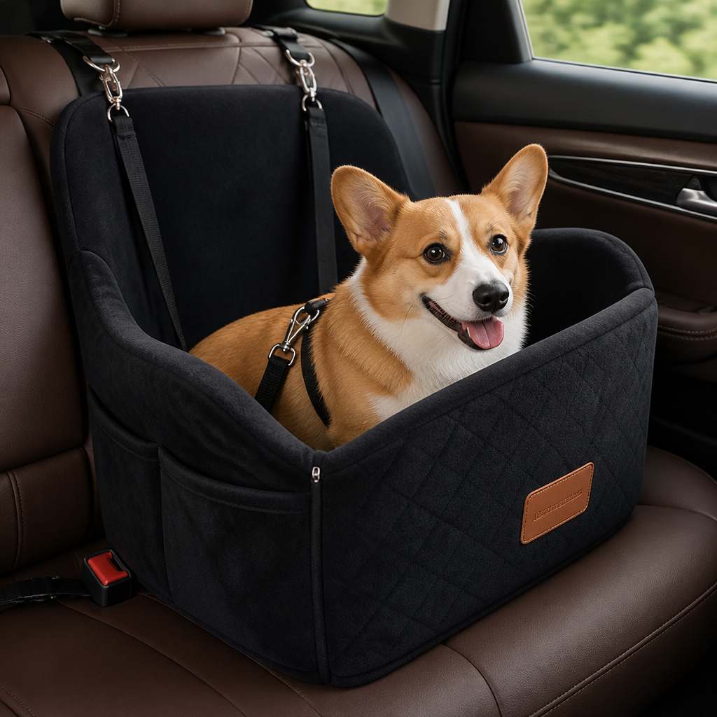 Plush Memory Foam Dog Car Seat (3 Clip-On Safety Leashes)