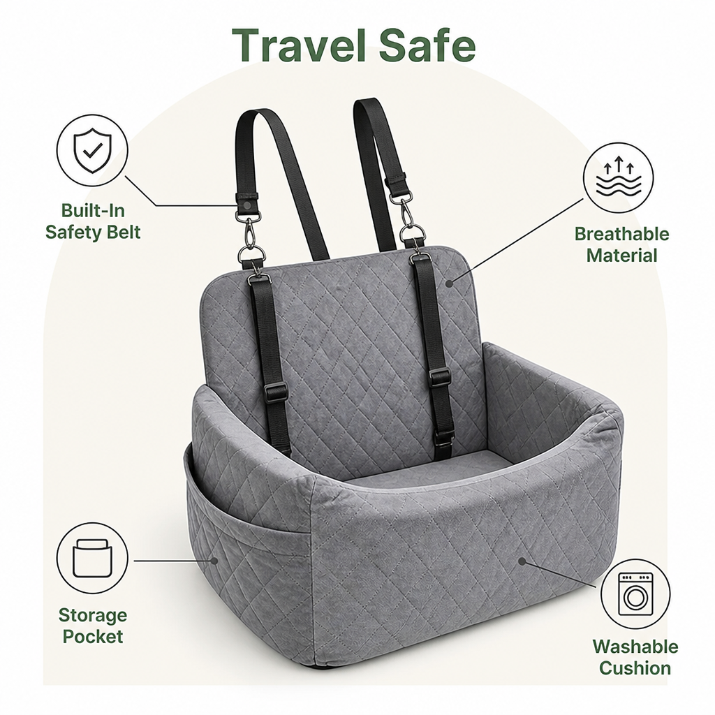 Breathable & Washable Dog Car Seat (Built-In Safety Belt)