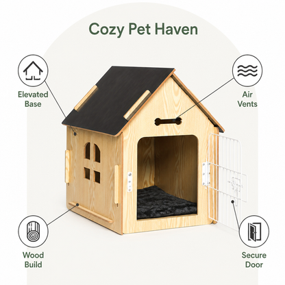 Elevated Wood & Ventilated Pet House (For Small Dogs & Cats)