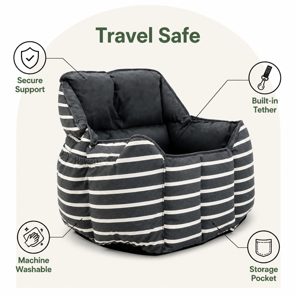 Washable Plush Dog Car Booster Seat (Clip-On Leash)