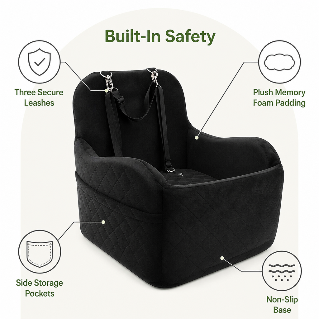 Plush Memory Foam Dog Car Seat (3 Clip-On Safety Leashes)