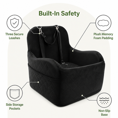 Plush Memory Foam Dog Car Seat (3 Clip-On Safety Leashes)