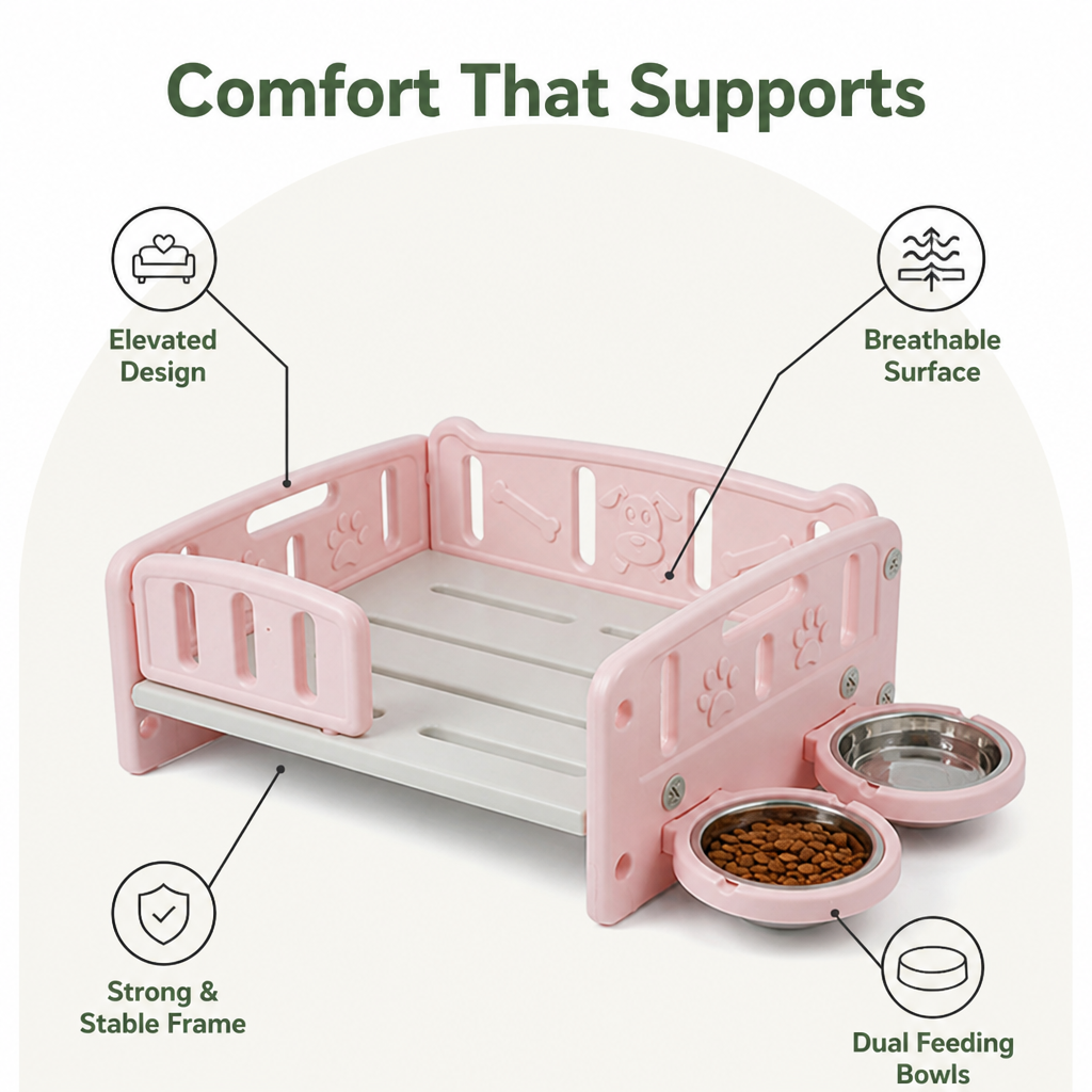 Orthopedic Elevated Entry & Calming Plush Pet Sofa (Includes Bowl)