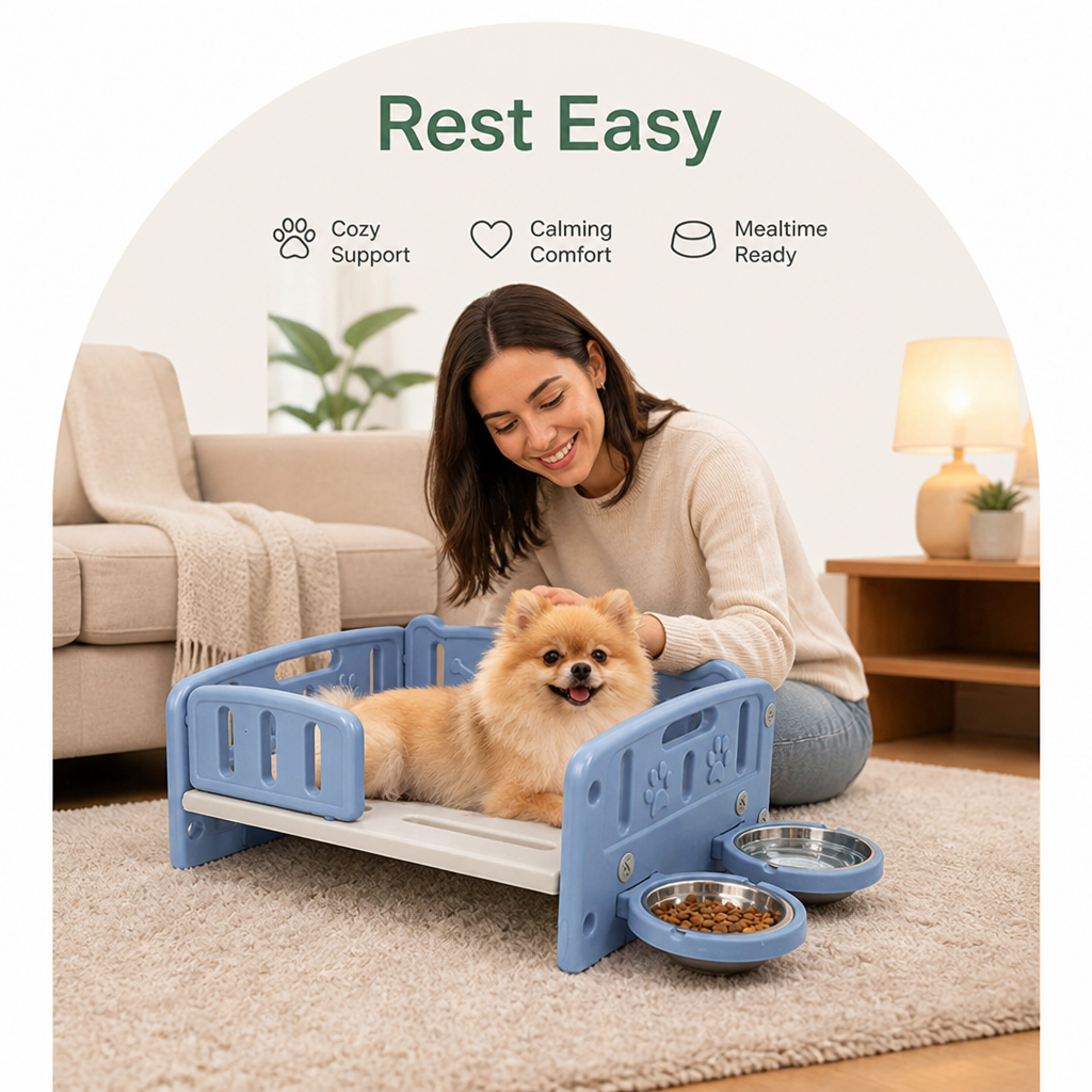 Orthopedic Elevated Entry & Calming Plush Pet Sofa (Includes Bowl)