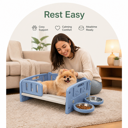 Orthopedic Elevated Entry & Calming Plush Pet Sofa (Includes Bowl)