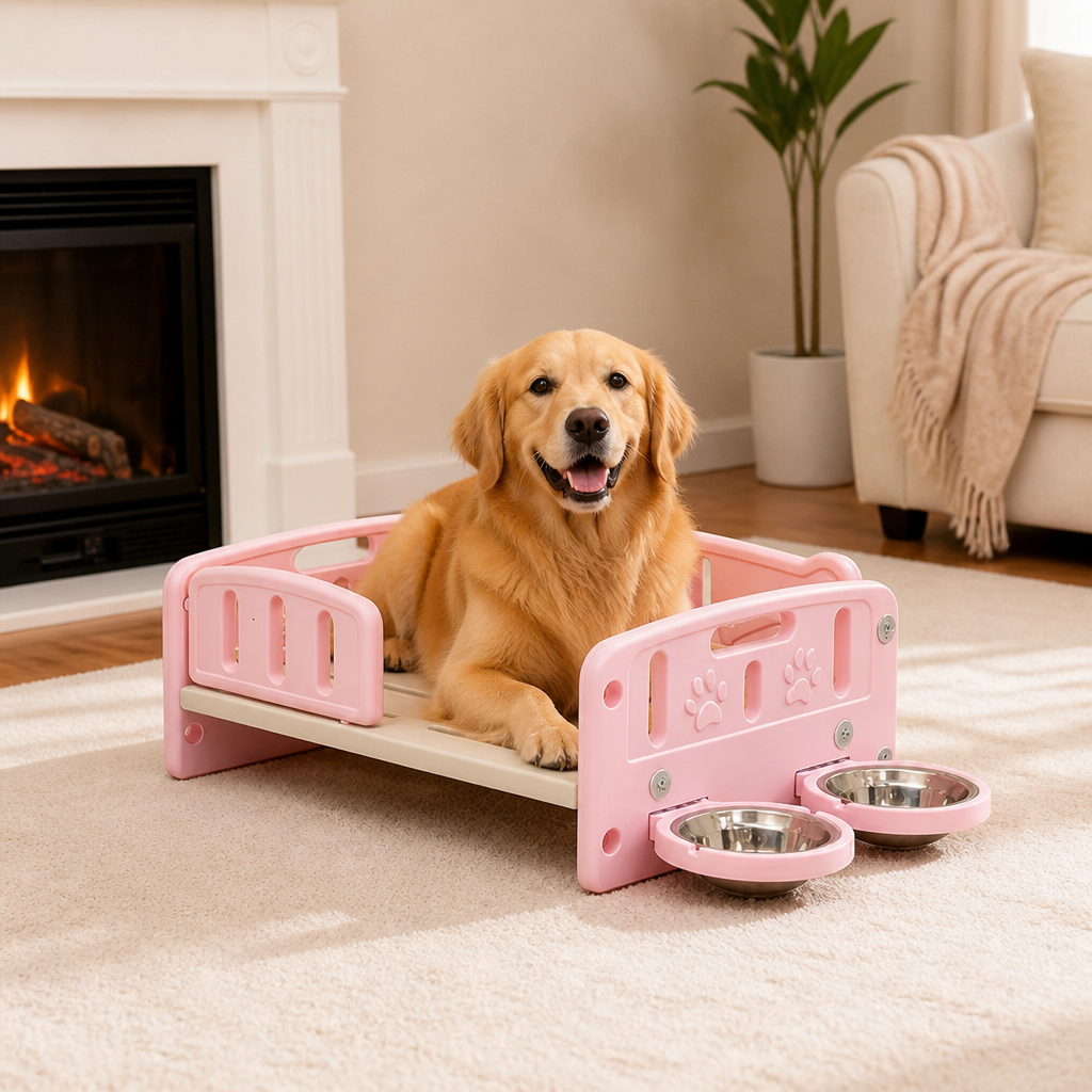 Orthopedic Elevated Entry & Calming Plush Pet Sofa (Includes Bowl)