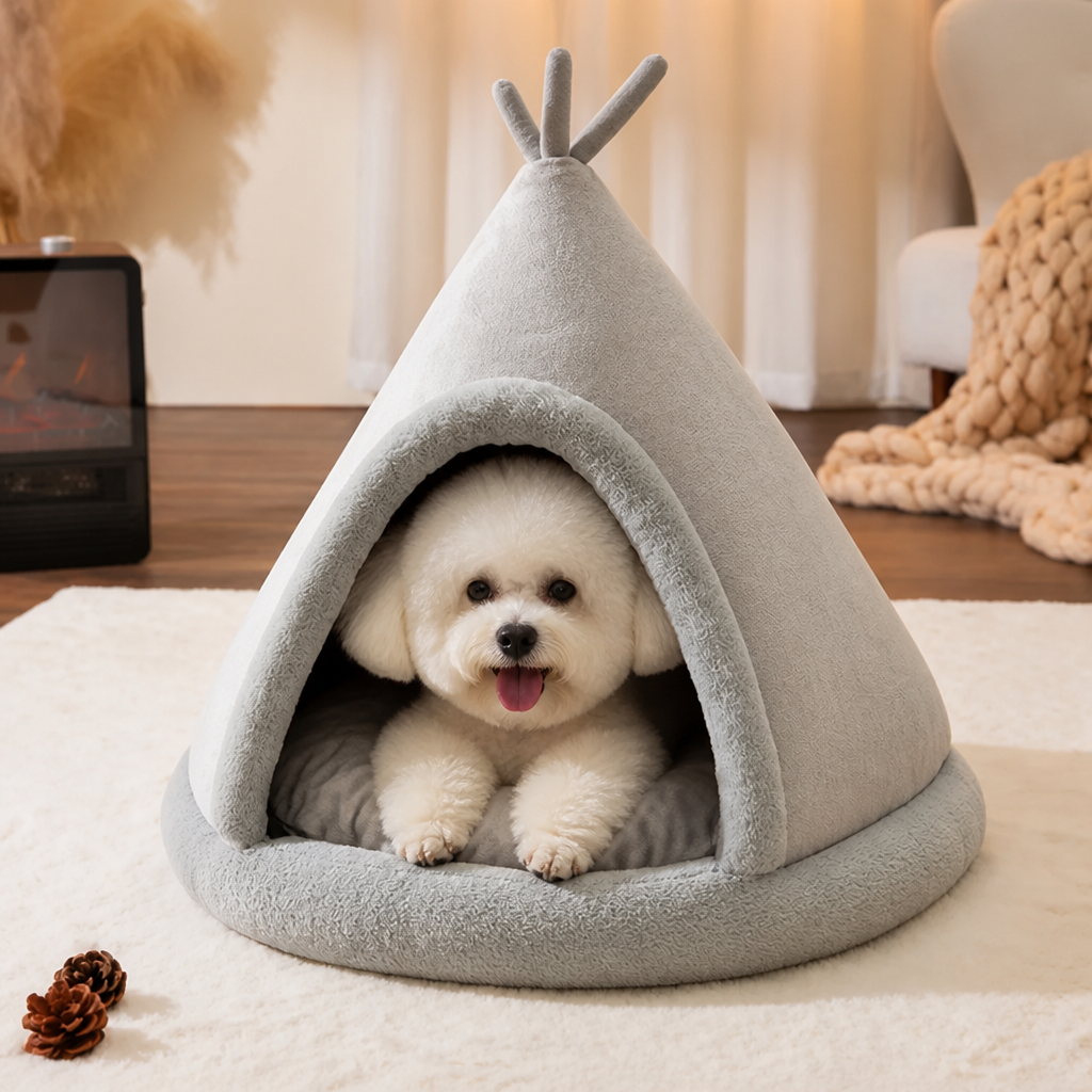 Plush Coral Velvet & Cotton-Filled Pet Teepee