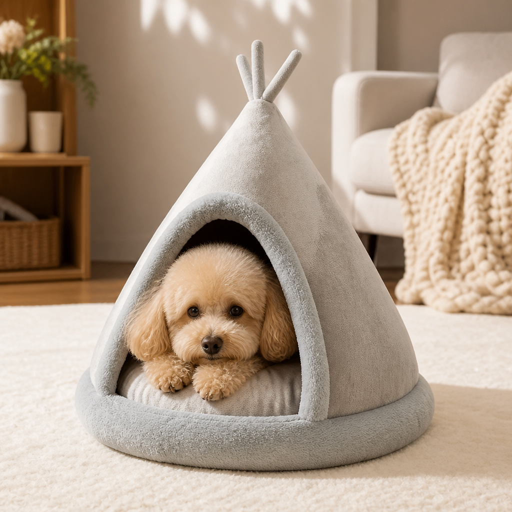 Plush Coral Velvet & Cotton-Filled Pet Teepee
