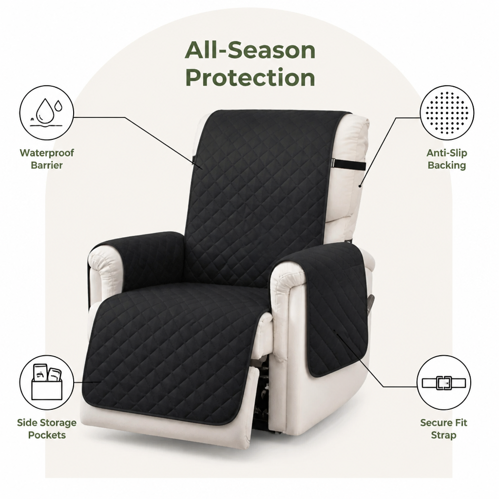 Quilted Waterproof & Anti-Slip Recliner Cover (Side Pockets)