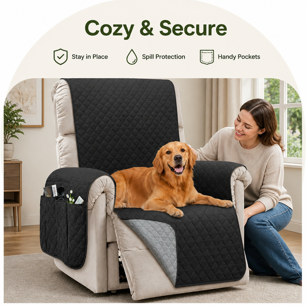 Quilted Waterproof & Anti-Slip Recliner Cover (Side Pockets)