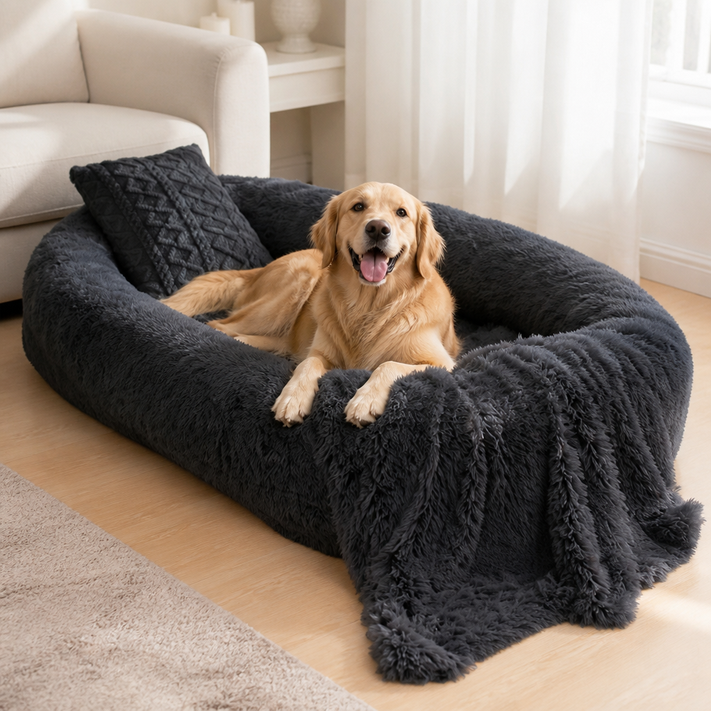 Orthopedic & Washable Faux Fur Human Dog Bed (Detachable Cover)